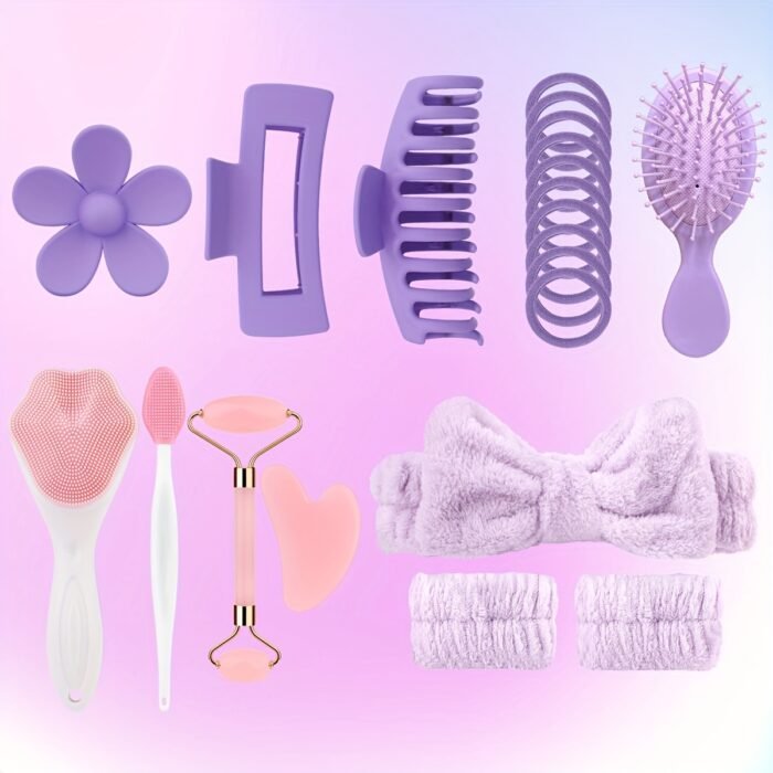 12pcs Facial Beauty Set with Cat Paw Face Brush, Nose Head Brush, Dual-Head Roller Massager, Silky Comb, Heart-Shaped Gua Sha Tool, Hair Clip, Hair Tie, Headband, Wristband for Cleansing, Exfoliation, and Skin Care - Portable Women's Skincare Tools - Image 3