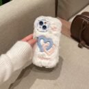 Smudged Double Buckle Love Gradient Color Mobile Phone Case, Suitable for Apple 16/15 Pro Max/15 Pro/15/15Plus/14 Pro Max/14 Pro/14Plus/14/13 Pro Max/13 Pro/13 /12 Pro Max/12 Pro/12/11Pro Max/11 Couple Plush Embroidery Mobile Phone Protective Case