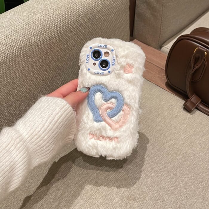Smudged Double Buckle Love Gradient Color Mobile Phone Case, Suitable for Apple 16/15 Pro Max/15 Pro/15/15Plus/14 Pro Max/14 Pro/14Plus/14/13 Pro Max/13 Pro/13 /12 Pro Max/12 Pro/12/11Pro Max/11 Couple Plush Embroidery Mobile Phone Protective Case - Image 7