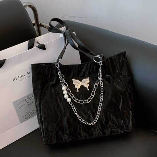 New Fashion Bow Chain Single Shoulder Bag, Solid Color Large Capacity Underarm Commuter Bag
