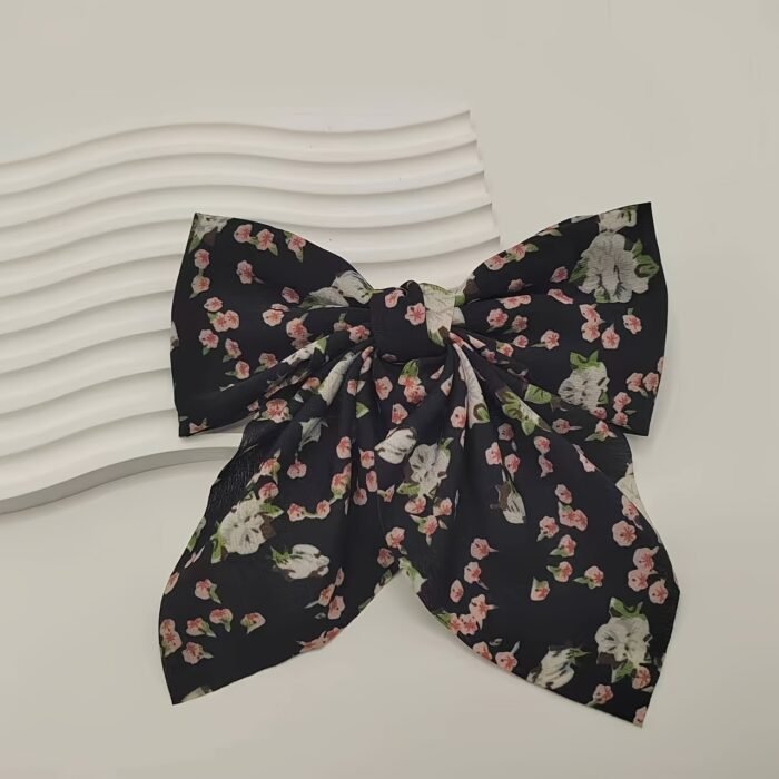 [1pc Elegant Bow Tie] Elegant Floral Print 1pc Bow Tie Hair Clip | Bohemian Style, Perfect for Daily Wear & Valentine's Day | White with Pink and Green Floral Patterns, Cute Hair Accessory for Girl - Image 10