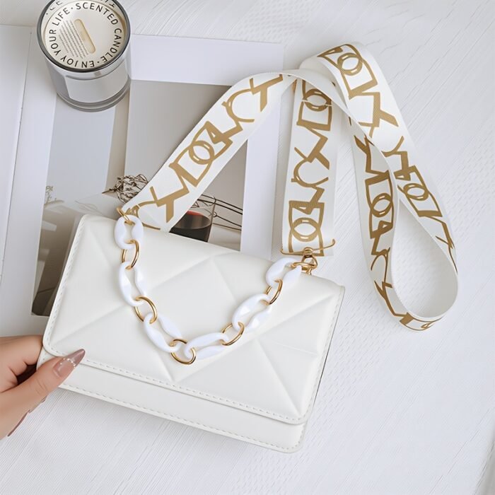 Women'S Quilted Crossbody Bag - Large Capacity Shoulder Purse with Golden-Tone Chain Strap, Elegant White Design for Daily Use, Work & Travel, Secure Buckle Closure, Stylish Accessory, Durable Construction - Image 5