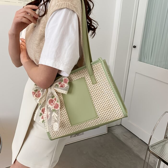 Elegant Woven Tote Bag with Floral Accent - Large Capacity, Rectangular Shape, Zipper Closure, Polyester Lining, Available in Beige, Green, and Cream, Perfect for Beach and Summer Outings, Beach Tote Bag|Elegant Tote Bag|Zippered Closure, Beach Bag - Image 10