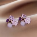 Elegant Boho-Chic Purple Artificial Crystal Flower Stud Earrings for Women - 925 Sterling Silver Posts, Versatile Fashion Accessory for All Seasons, Perfect for Gifts and Banquets