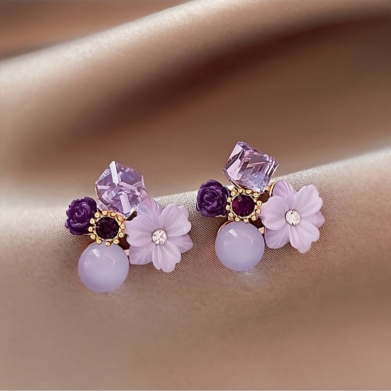 Elegant Boho-Chic Purple Artificial Crystal Flower Stud Earrings for Women - 925 Sterling Silver Posts, Versatile Fashion Accessory for All Seasons, Perfect for Gifts and Banquets