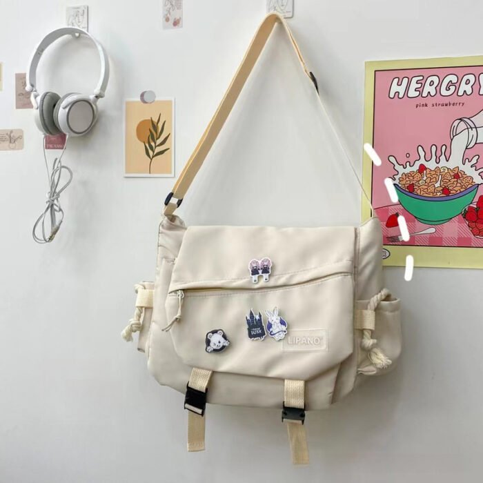 Harajuku style large capacity shoulder bag, retro workman's mail carrier bag, nylon crossbody bag for students with 4 badges included, fashionable bag suitable for men and women, perfect for back-to-school season - Image 2