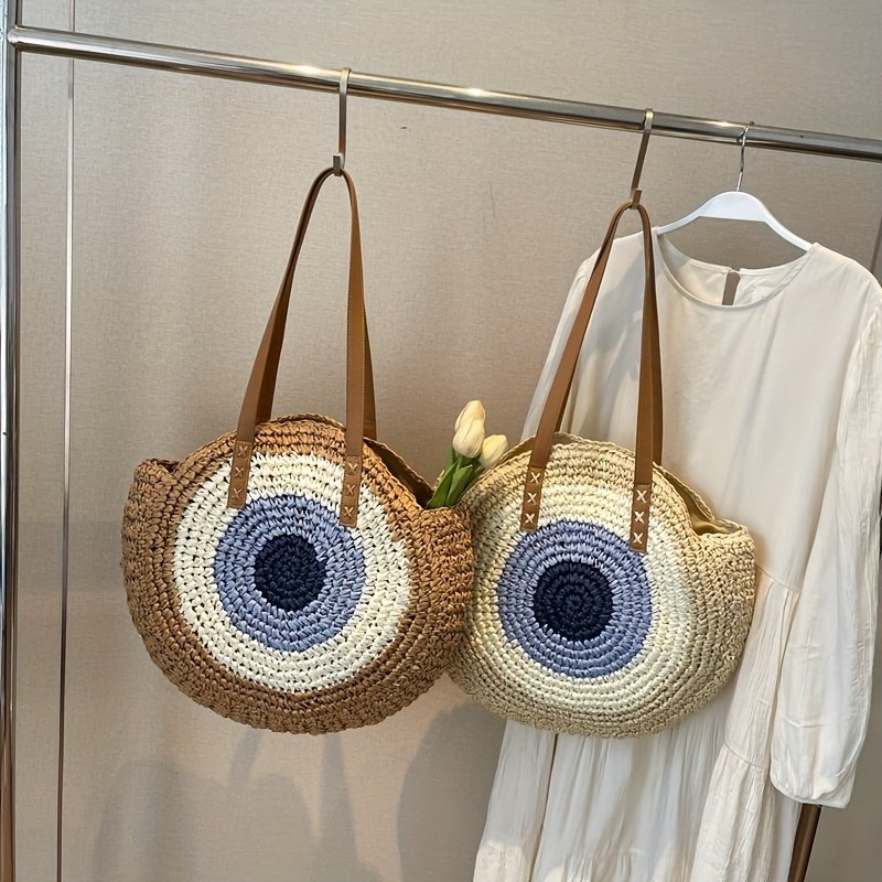 French Hook-Knit Straw Beach Bag - Two-Tone Blue & Beige Circular Woven Design with Double Handles & Zipper Closure, Vintage Bohemian Style for Summer Vacations, Casual Outings, College Commute, Vacation Accessory, Twotone Design, Textured Appearance