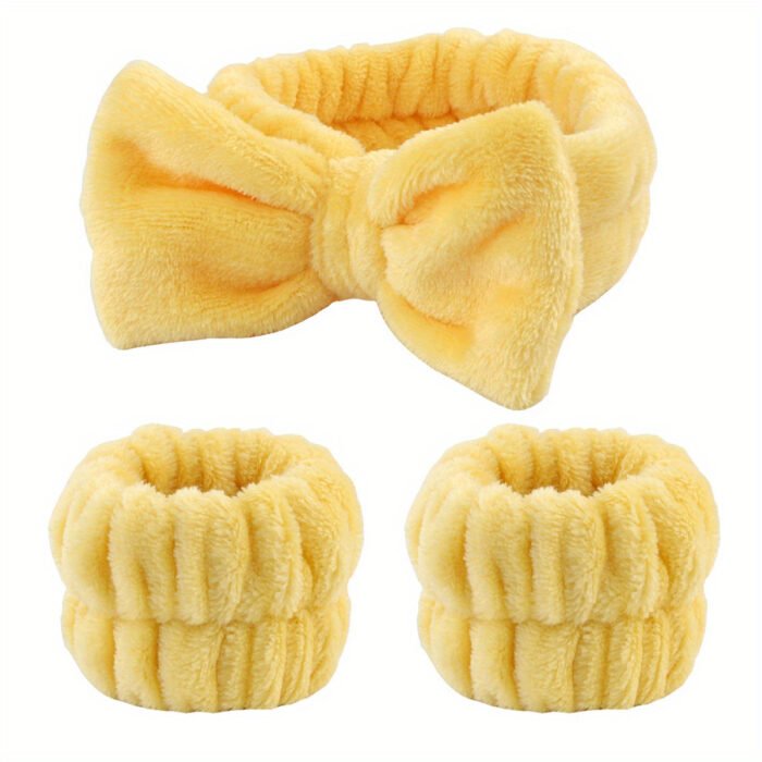 Solid Color Butterfly End Headband Wristband Set Women'S Wash Beauty Makeup Headband Wrist Flannel Hair Accessories Headwear Face Wash Headband Wrist Set Plush Elastic Headband Ladies Accessories Set - Image 14