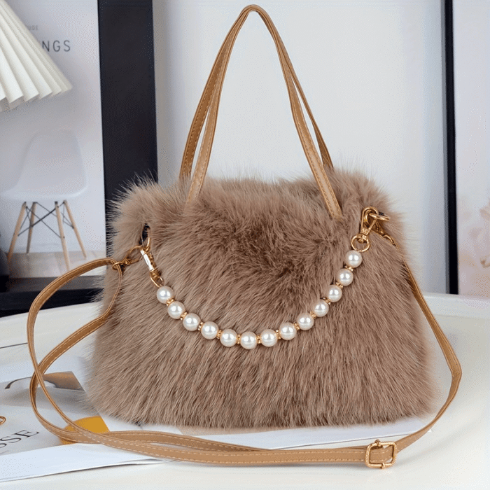 Women's Faux Fur & Embellished Crossbody Bag with Detachable Strap - Magnetic Closure Compact Casual Chic Handbag in Bright Pink, Khaki, Coffee, White, Black, Fashion Accessory, Evening Accessory, Embellishment, Soft Texture - Image 19