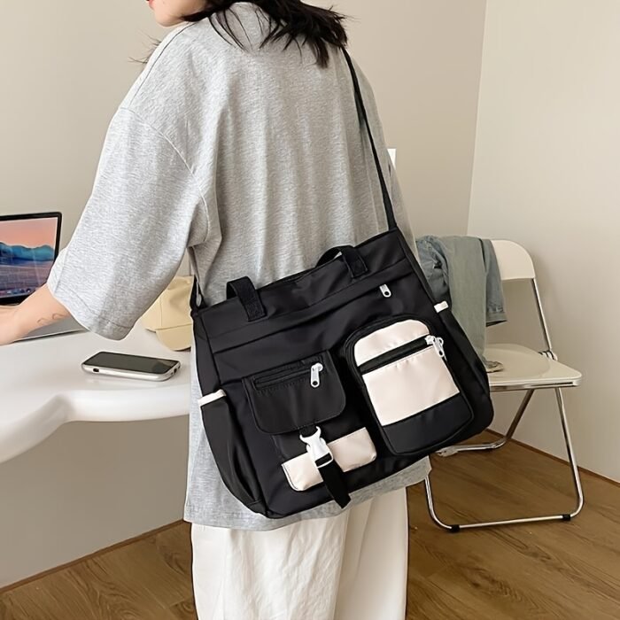 Women'S Black & Beige Two-Tone Adjustable Strap Tote Bag - Foldable, Zipper Closure, Removable Pouch, Polyester Lining, Machine Washable, Everyday Commute Bag|Foldable Tote Bag|Zippered Closure, Tote Bag - Image 12