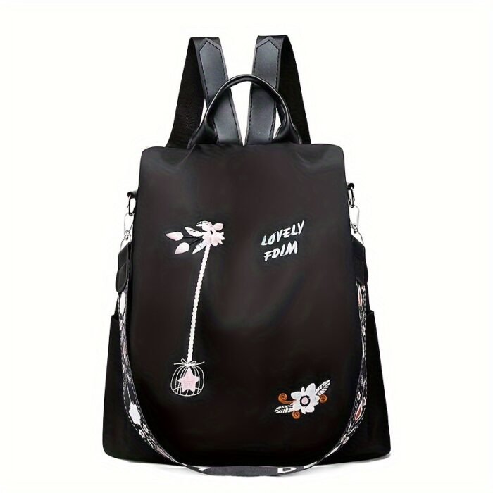 Ethnic-Inspired 3D Floral Embroidery Backpack for Women - Soft Nylon, Casual Style, Utility Pocket, Non, Black, Beige, Blue, Casual Travel Bag|Ethnic Embroidery Bag|Durable Zipper Closure, Backpack - Image 5