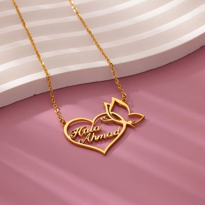 Customized 18K Golden Plated Stainless Steel Heart & Butterfly Necklace, Unisex Vintage Bohemian Style, Perfect for Daily Wear, Work, Dates, Gifts, Valentine's Day, Festivals, Parties - Image 4