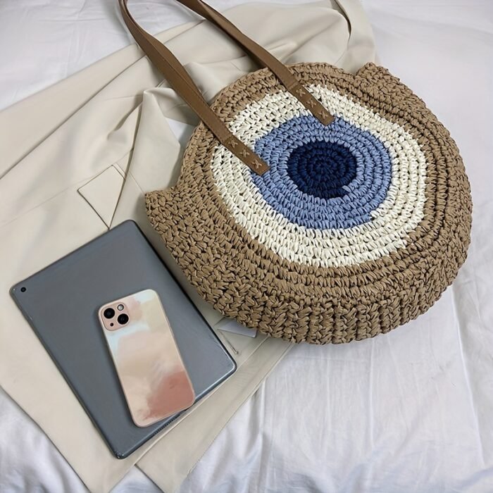 French Hook-Knit Straw Beach Bag - Two-Tone Blue & Beige Circular Woven Design with Double Handles & Zipper Closure, Vintage Bohemian Style for Summer Vacations, Casual Outings, College Commute, Vacation Accessory, Twotone Design, Textured Appearance - Image 6