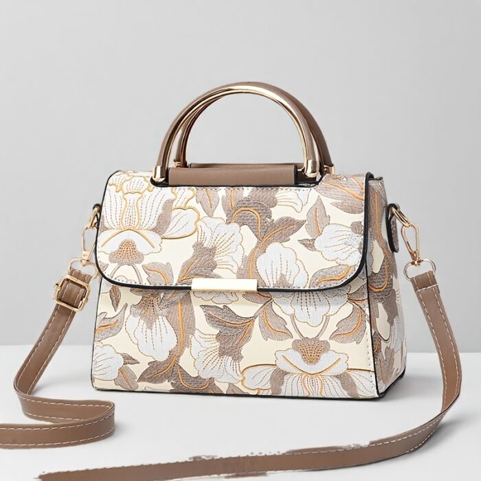 Elegant Floral Print Women's Handbag - Stylish Crossbody Bag with Golden-Tone Hardware, White Base & Black/Beige Floral Pattern, Lightweight & Spacious for Everyday Use - Image 19