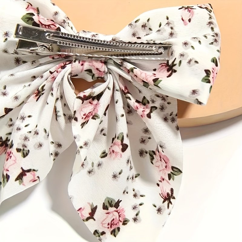[1pc Elegant Bow Tie] Elegant Floral Print 1pc Bow Tie Hair Clip | Bohemian Style, Perfect for Daily Wear & Valentine's Day | White with Pink and Green Floral Patterns, Cute Hair Accessory for Girl