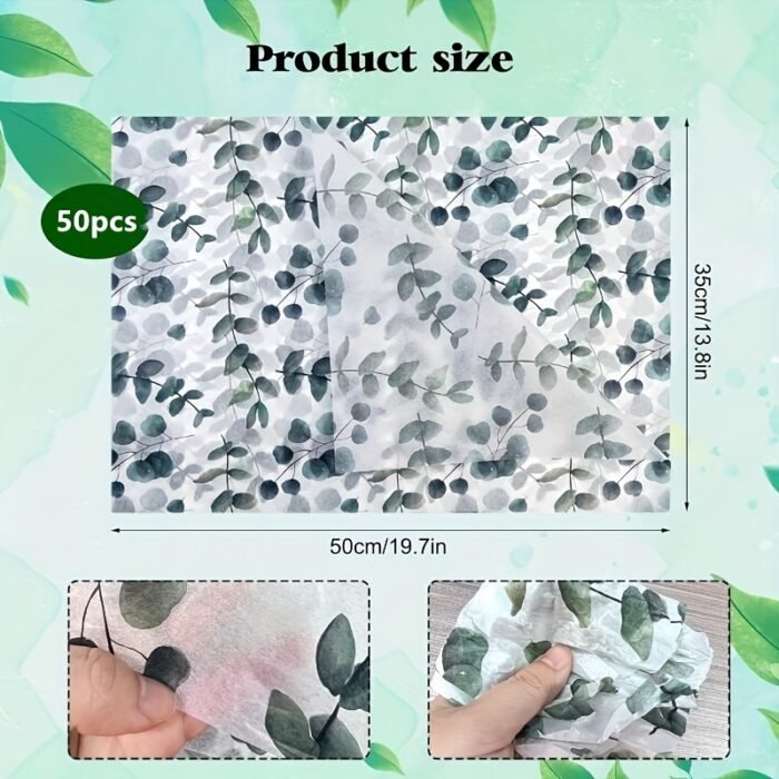 50pcs Eucalyptus Leaf Print Tissue Paper - Translucent Green Gift Wrap for Weddings, Birthdays & More - Image 6