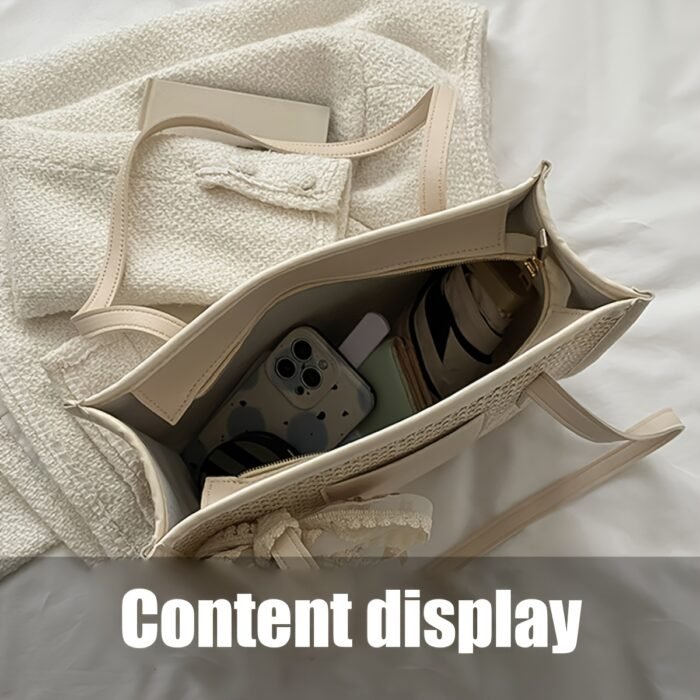 Elegant Woven Tote Bag with Floral Accent - Large Capacity, Rectangular Shape, Zipper Closure, Polyester Lining, Available in Beige, Green, and Cream, Perfect for Beach and Summer Outings, Beach Tote Bag|Elegant Tote Bag|Zippered Closure, Beach Bag
