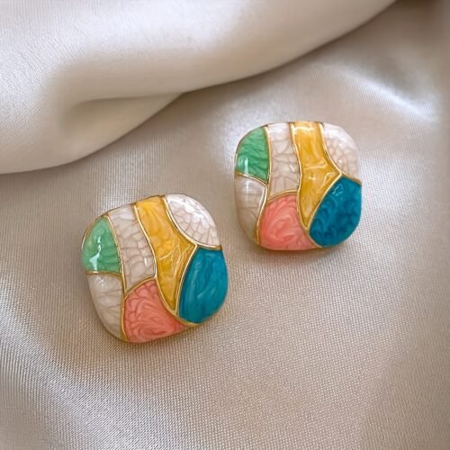 Vintage Geometric Earrings - Simple Alloy Studs with Colorful Mosaic Design, No Plating - Fashionable Daily & Vacation Accessory, Mardi Gras Day Compatible
