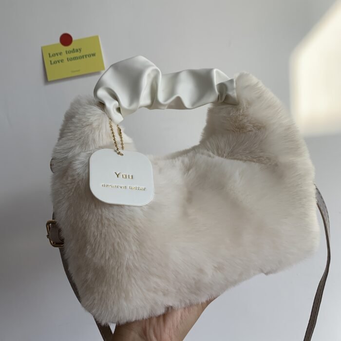 Women's Plush Faux Fur Crossbody Bag with Adjustable Strap & Zipper Closure - Sparkling Accents, Anti-Theft Design, Multiple Colors (Khaki/Light Gray/Beige/Pink) for Commuting & Casual Outings, Crossbody Purse, Winter Fashion Accessory, Soft Texture Purse - Image 6
