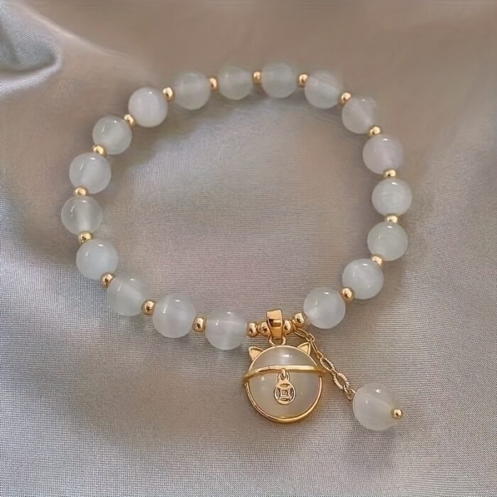 1pc Elegant Opal Bead Bracelet with Chic Cat Pendant – Vintage Bohemian Style, Perfect for Daily Wear or Special Occasions, Ideal Gift for Friends, All-Season Accessory, Cute Bracelets - Image 4