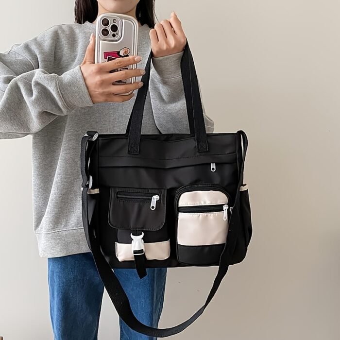 Women'S Black & Beige Two-Tone Adjustable Strap Tote Bag - Foldable, Zipper Closure, Removable Pouch, Polyester Lining, Machine Washable, Everyday Commute Bag|Foldable Tote Bag|Zippered Closure, Tote Bag - Image 3