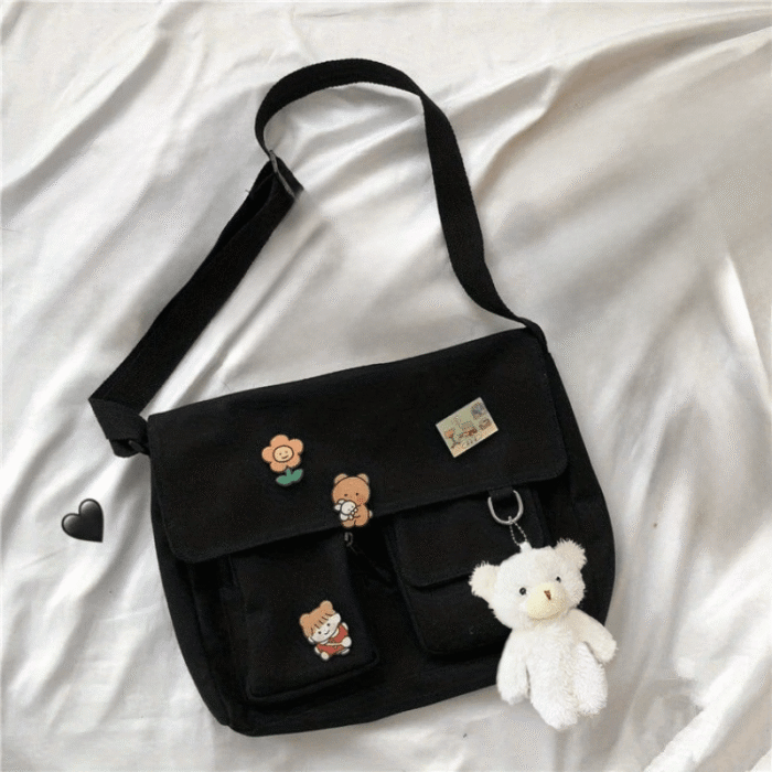 Women's Anime-Themed Messenger Bag with Free Blush Bear & Acrylic Accessories - Adjustable Strap, A4 Capacity, White/Black Casual Crossbody Shoulder Bag for, Work, Travel, Kawaii Bag, Work Accessory, Anime Accessory, Polyester Lined