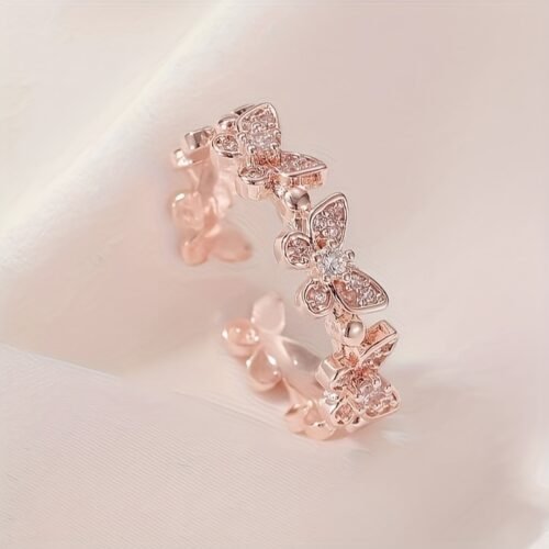 Copper Adjustable Ring - Unique Fashionable Zirconia Butterfly Design for Women