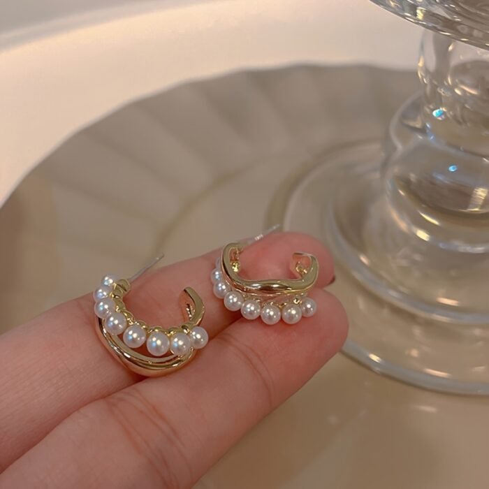 1 Pair Elegant Double Layer C-Shaped Faux Imitation Pearl Earrings for Women – Golden-Tone Zinc Alloy with White Imitation Pearl, Perfect for Casual Attire or Parties - Image 6