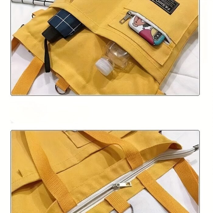 1pc Black and Yellow Canvas Tote Bag with Zipper Closure - Durable, Handwashable Messenger Bag for Students and Casual Use, Features Multiple Pockets and Adjustable Straps, Casual Accessory|Playful Design|Zippered Bag - Image 5