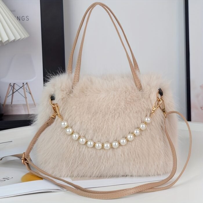 Women's Faux Fur & Embellished Crossbody Bag with Detachable Strap - Magnetic Closure Compact Casual Chic Handbag in Bright Pink, Khaki, Coffee, White, Black, Fashion Accessory, Evening Accessory, Embellishment, Soft Texture - Image 13