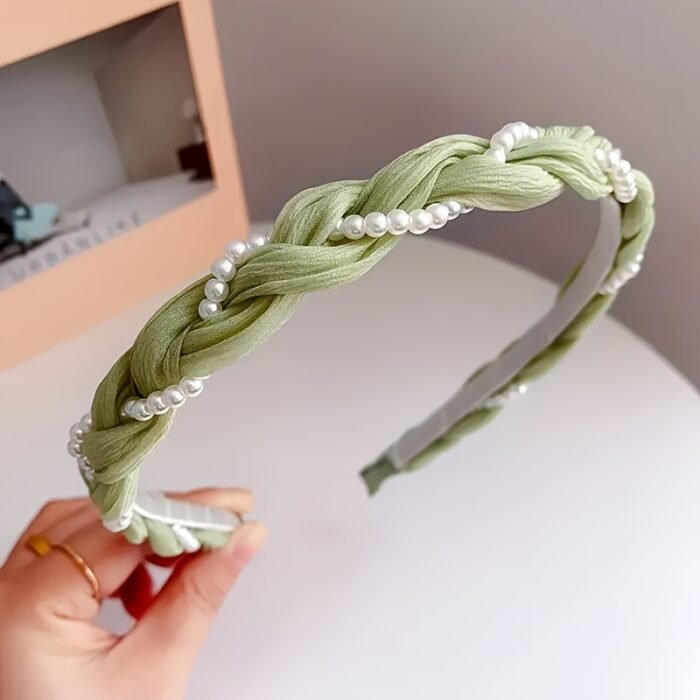 1pc Elegant Twisted Floral Headband with Faux Imitation Pearls - Sweet Style, Non-Slip, Green Ribbon & White Faux Pearl Design, Perfect for Daily Wear or Special Occasions, Daily Headband|Elegant Hair Accessory|Ribbon Headband - Image 5