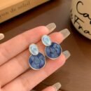Elegant Blue Enamel Drop Earrings - French-Inspired, Stainless Steel Posts, Ideal for Weddings & Parties, Women's Boho-Chic Oval Studs, Pair