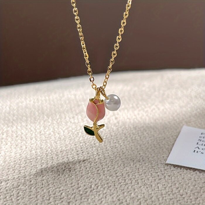Elegant 14K Gold Plated Golden Plated Tulip Pendant Necklace with Pink & White Imitation Imitation Pearl, Golden-Tone Alloy Chain Collarbone Jewelry for Women - Birthday Anniversary Christmas Gift, Best for Christmas - Image 5