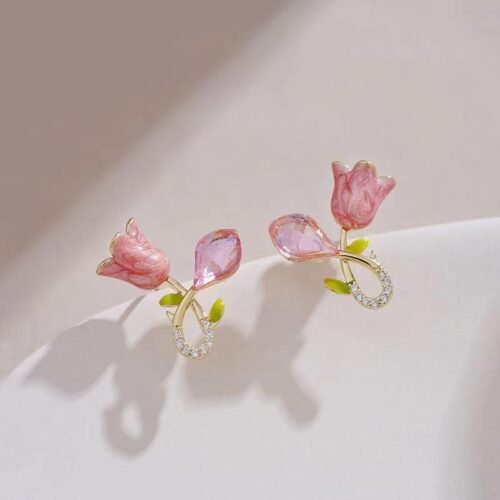Vintage-Inspired Tulip Flower Earrings - Golden Alloy with Glass Petal Accents, Elegant Design for Birthdays & Anniversaries, Perfect for Daily Wear, Floral Jewelr