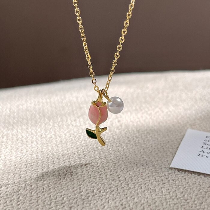 Elegant 14K Gold Plated Golden Plated Tulip Pendant Necklace with Pink & White Imitation Imitation Pearl, Golden-Tone Alloy Chain Collarbone Jewelry for Women - Birthday Anniversary Christmas Gift, Best for Christmas - Image 2