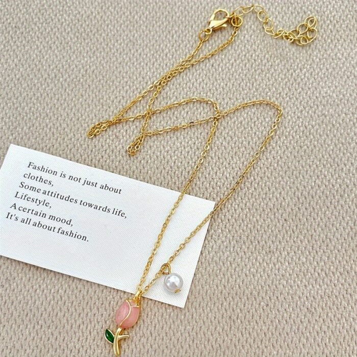 Elegant 14K Gold Plated Golden Plated Tulip Pendant Necklace with Pink & White Imitation Imitation Pearl, Golden-Tone Alloy Chain Collarbone Jewelry for Women - Birthday Anniversary Christmas Gift, Best for Christmas - Image 7