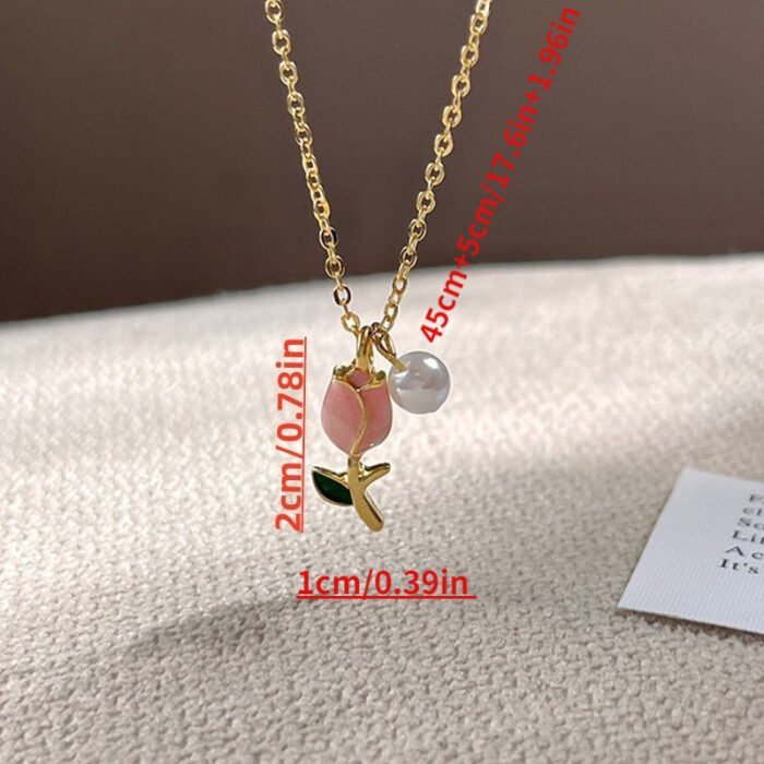 Elegant 14K Gold Plated Golden Plated Tulip Pendant Necklace with Pink & White Imitation Imitation Pearl, Golden-Tone Alloy Chain Collarbone Jewelry for Women - Birthday Anniversary Christmas Gift, Best for Christmas - Image 6