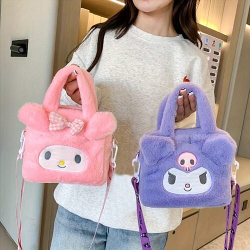 Sanrio Plush Tote Bag, Kawaii Kuromi Cinnamoroll Melody Cartoon Anime Handbag, Adjustable Strap Crossbody Bag for Ladies and s Travel Pouch