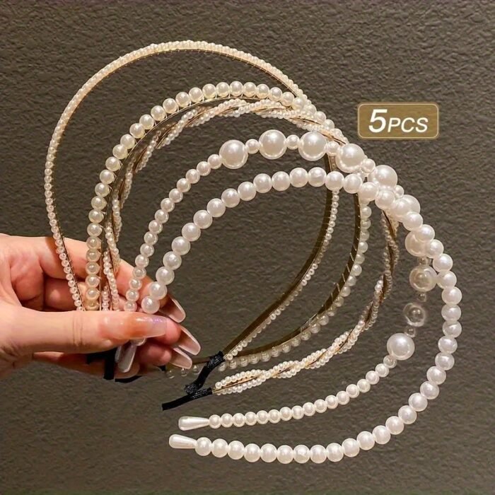 5pcs Elegant Faux Pearl Headbands for Women - Chic Plastic Hair Hoops with Imitation Pearls, Perfect for Styling and Accessories, Minimalist Design, Hair Accessories for Wome - Image 7