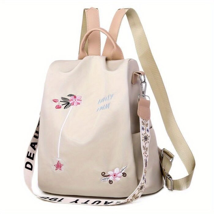 Ethnic-Inspired 3D Floral Embroidery Backpack for Women - Soft Nylon, Casual Style, Utility Pocket, Non, Black, Beige, Blue, Casual Travel Bag|Ethnic Embroidery Bag|Durable Zipper Closure, Backpack - Image 2