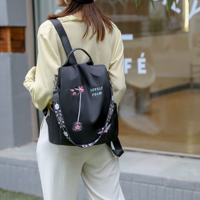 Ethnic-Inspired 3D Floral Embroidery Backpack for Women - Soft Nylon, Casual Style, Utility Pocket, Non, Black, Beige, Blue, Casual Travel Bag|Ethnic Embroidery Bag|Durable Zipper Closure, Backpack - Image 3