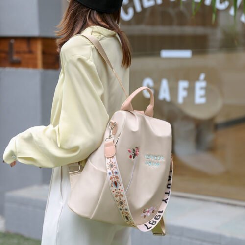 Ethnic-Inspired 3D Floral Embroidery Backpack for Women - Soft Nylon, Casual Style, Utility Pocket, Non, Black, Beige, Blue, Casual Travel Bag|Ethnic Embroidery Bag|Durable Zipper Closure, Backpack