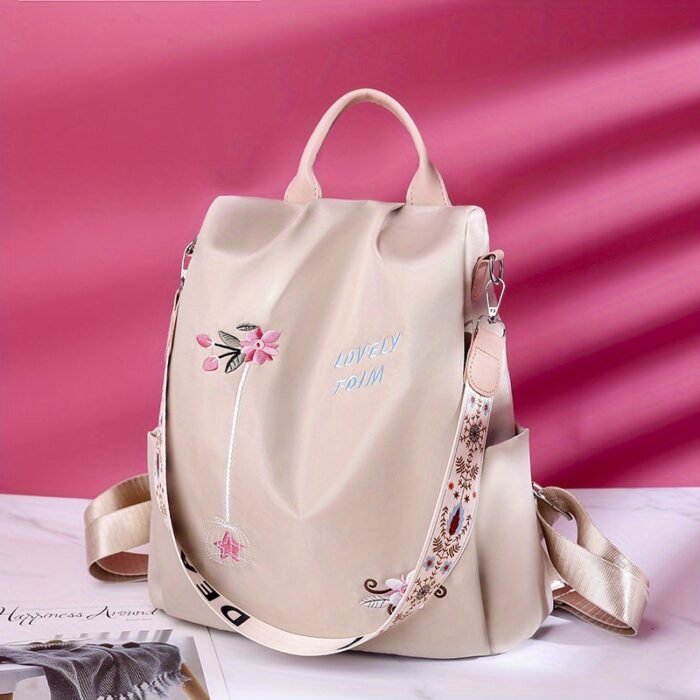 Ethnic-Inspired 3D Floral Embroidery Backpack for Women - Soft Nylon, Casual Style, Utility Pocket, Non, Black, Beige, Blue, Casual Travel Bag|Ethnic Embroidery Bag|Durable Zipper Closure, Backpack - Image 4