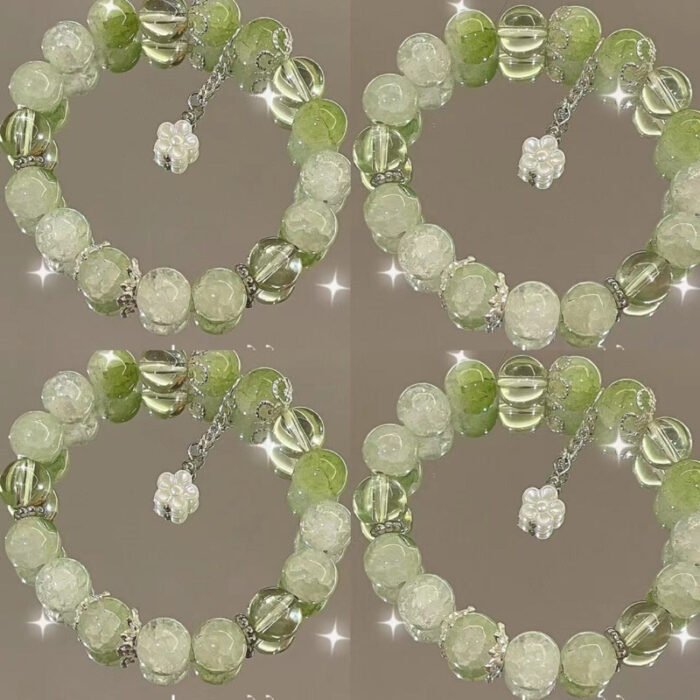 Women's Lemon Floral Bracelet - Green Beads with White Flower Charms & Accents, Lightweight Everyday Jewelry for Spring Summer, Korean Japanese Style Fashion Accessory, Summer Wristwear | Minimalist Bead Design | Sparkling Elements - Image 6