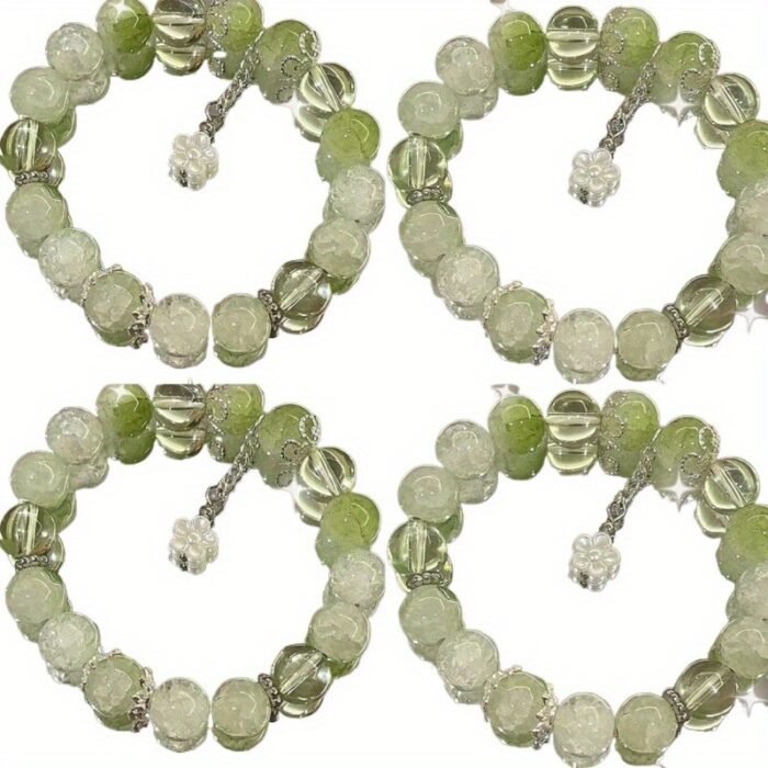 Women's Lemon Floral Bracelet - Green Beads with White Flower Charms & Accents, Lightweight Everyday Jewelry for Spring Summer, Korean Japanese Style Fashion Accessory, Summer Wristwear | Minimalist Bead Design | Sparkling Elements - Image 7