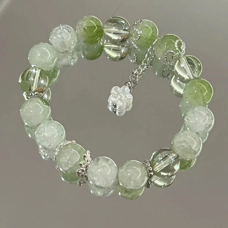 Women's Lemon Floral Bracelet - Green Beads with White Flower Charms & Accents, Lightweight Everyday Jewelry for Spring Summer, Korean Japanese Style Fashion Accessory, Summer Wristwear | Minimalist Bead Design | Sparkling Elements