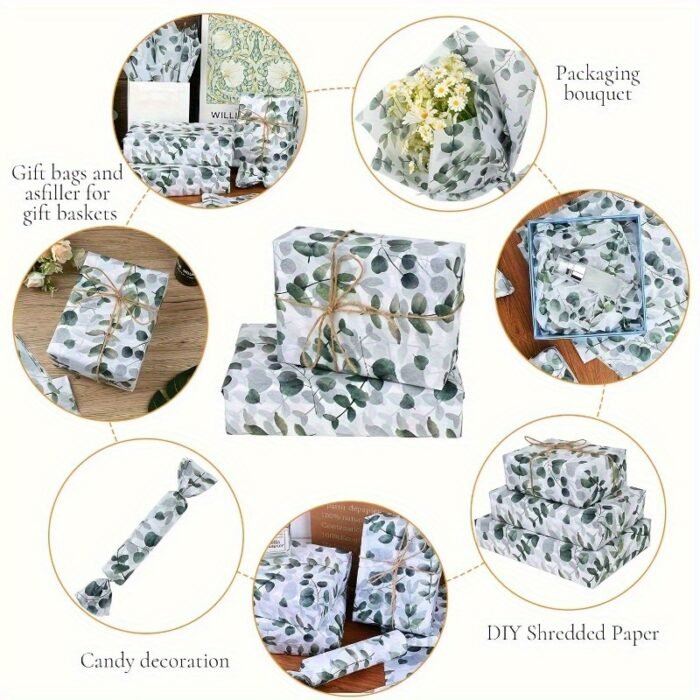 50pcs Eucalyptus Leaf Print Tissue Paper - Translucent Green Gift Wrap for Weddings, Birthdays & More - Image 4