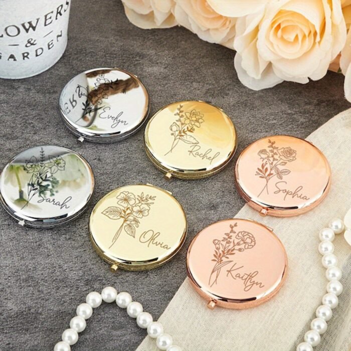 1pc Personalized Engraved Stainless Steel Compact Mirror with Birth Flower Design - Custom Name Gift for Women, Bridesmaid Proposal Wedding Birthday Christmas Present, Elegant Portable Pocket Mirror for Her, Personalized Gift | Elegant Pocket Mirror | Engraved Accessory - Image 3