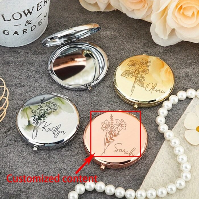 1pc Personalized Engraved Stainless Steel Compact Mirror with Birth Flower Design - Custom Name Gift for Women, Bridesmaid Proposal Wedding Birthday Christmas Present, Elegant Portable Pocket Mirror for Her, Personalized Gift | Elegant Pocket Mirror | Engraved Accessory - Image 2