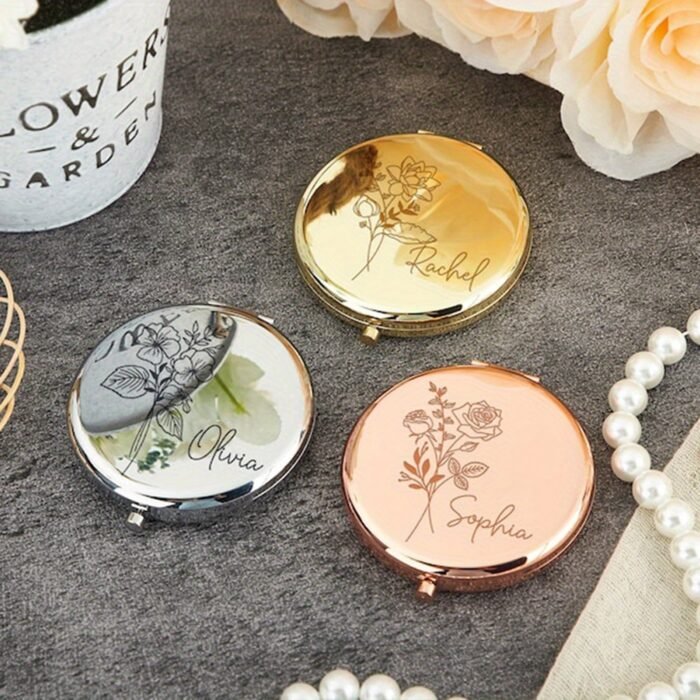 1pc Personalized Engraved Stainless Steel Compact Mirror with Birth Flower Design - Custom Name Gift for Women, Bridesmaid Proposal Wedding Birthday Christmas Present, Elegant Portable Pocket Mirror for Her, Personalized Gift | Elegant Pocket Mirror | Engraved Accessory